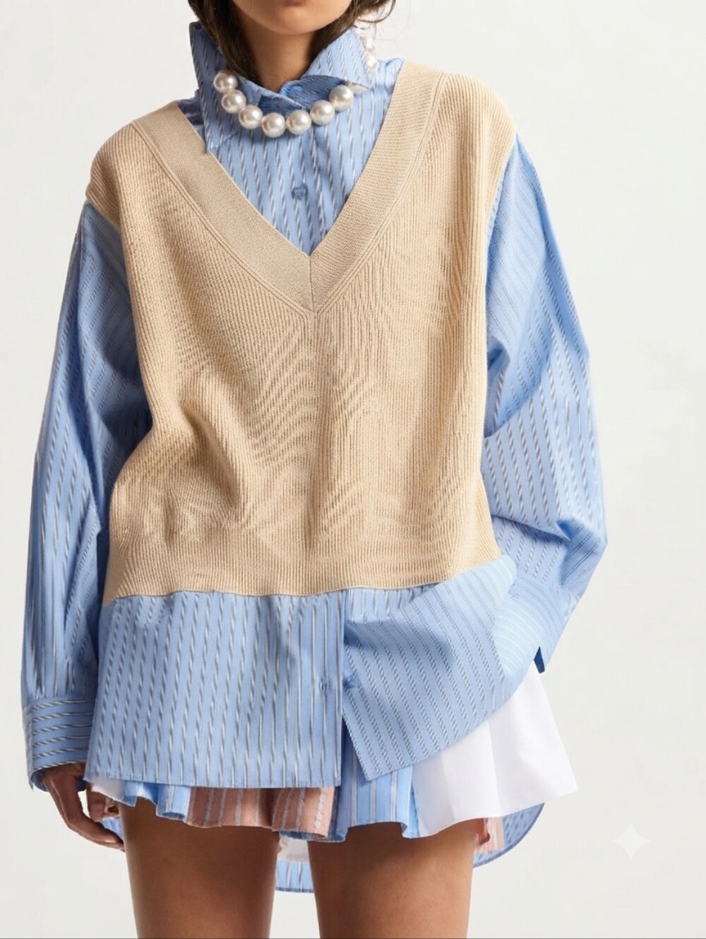 ZARA Oversize Blue Striped Shirt with Cream Knit Sweater Vest Size M-L